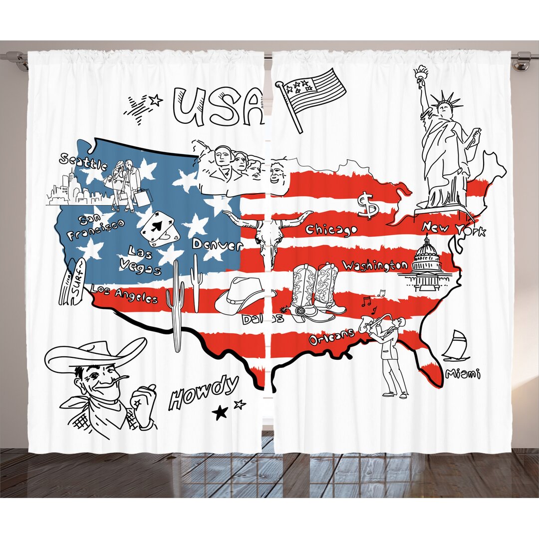 Rustikaler Vorhang, USA-Flagge Hand gezeichnete Art, amerikanisch, Rot Blau Weiß