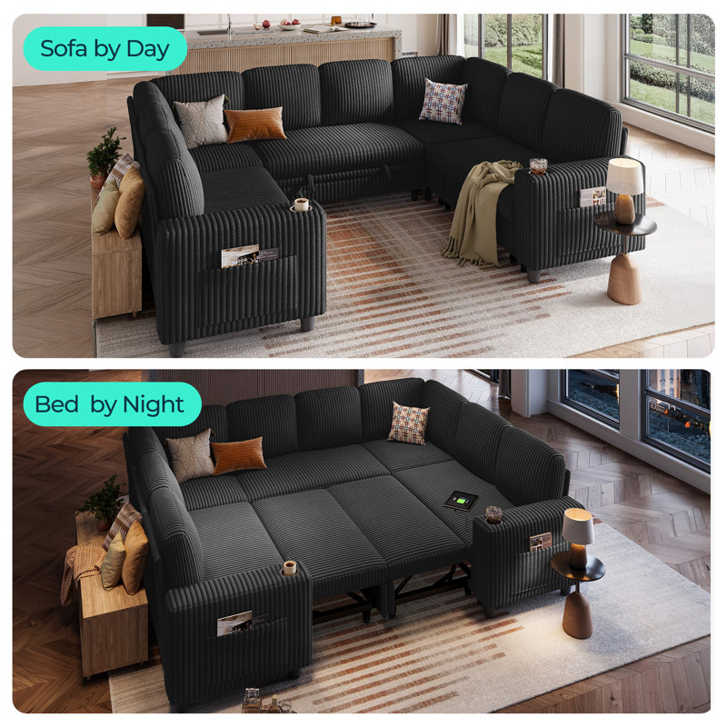 Sherry 106" Corduroy Sleeper Sectional With Storage Chaise & USB Charging, Effie Black Corduroy