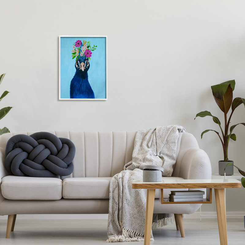 Gerbera Forget Me Not Flowers, portrait d'un paon bleu royal par Coco de Paris - Peinture, H 20 po x l 16 po x P 1,5 po