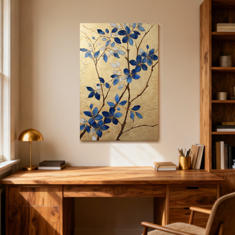 Plantes et fleurs à feuilles bleues sur fond doré, H 18 po x l 12 po