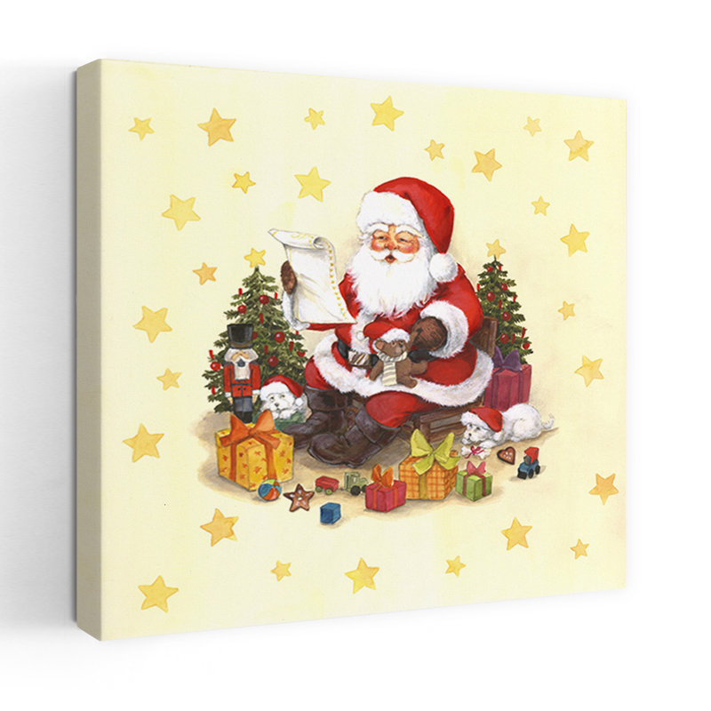 Festive Santa And Puppies Traditional Whimsical Abstract Christmas Tree Bear Winter Landscape Wall Art Print by Renate Holzner - Wrapped Canvas Print