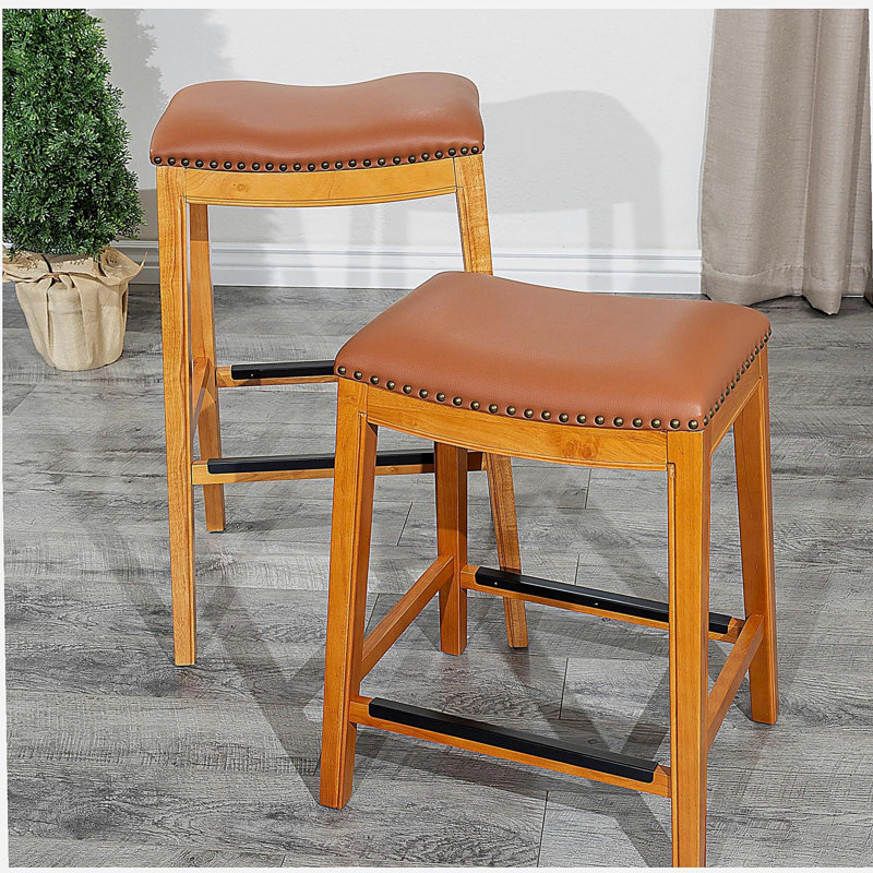Tabouret de 30 pouces, revêtement en cuir naturel, Brun, Naturel