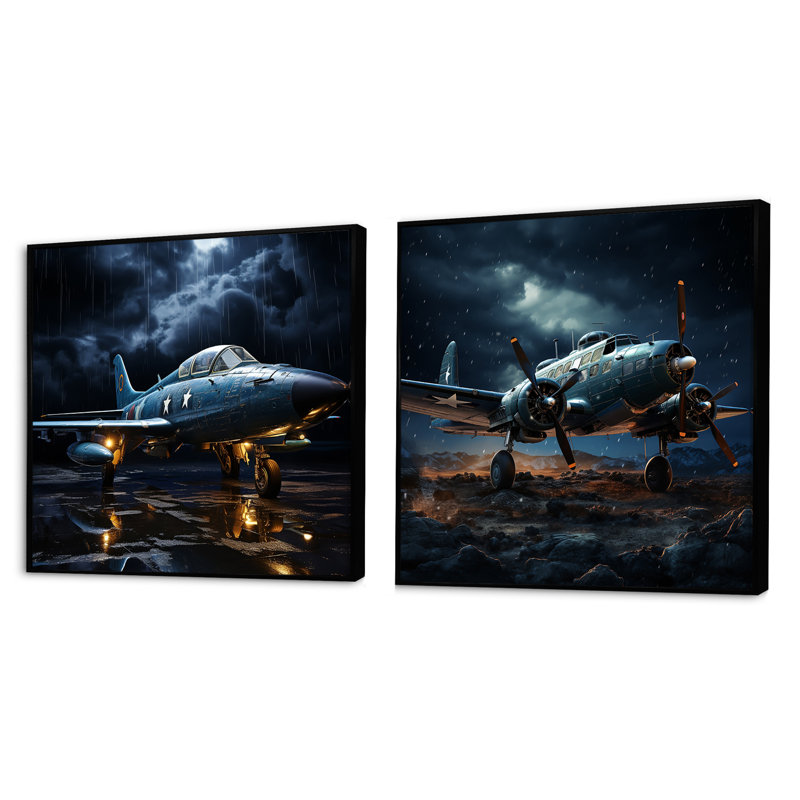 Avion militaire - Blue Thundering Skies - Ensemble de 2 carrés de collage militaire, Cadre flottant noir, H 16 po x l 33 po