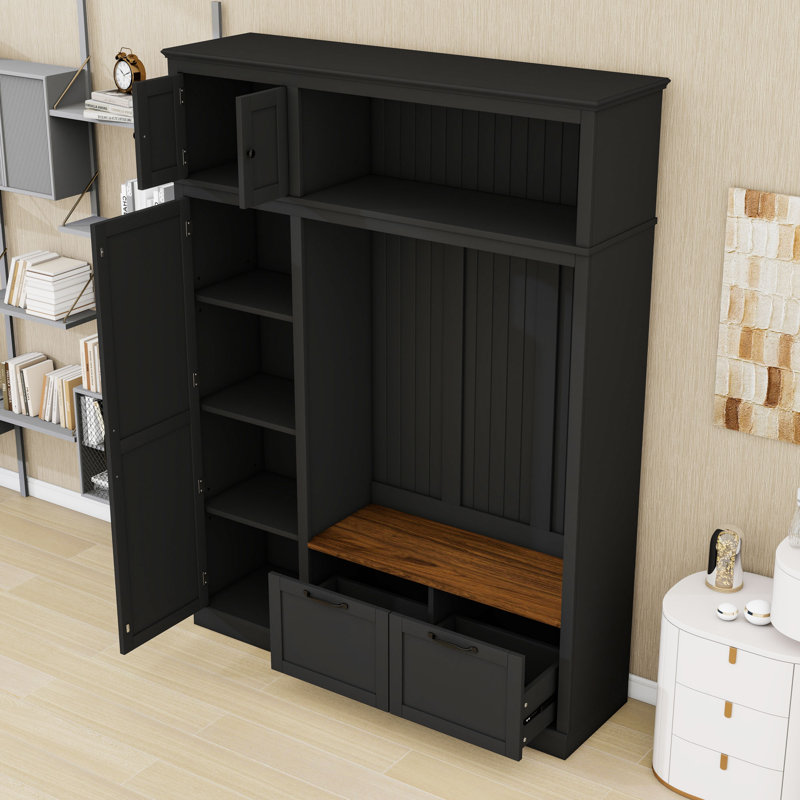 Elegant Hall Tree with Adjustable Compartments and Concealed Drawers, Black