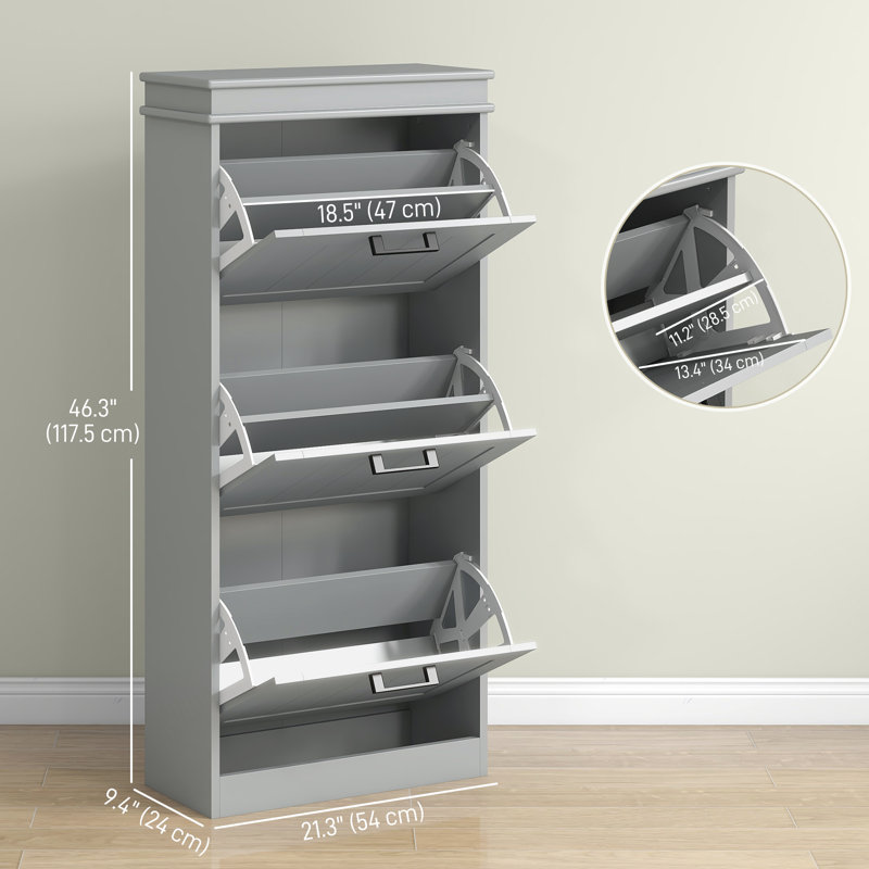Narrow Shoe Cabinet with Flip Drawers Adjustable Shelf, Grey