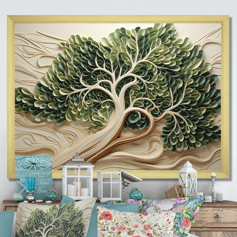 «Tree American Basswood Collage 2», art mural arbre, Cadre doré à coins fermés, H 16 po x l 32 po x P 1 po