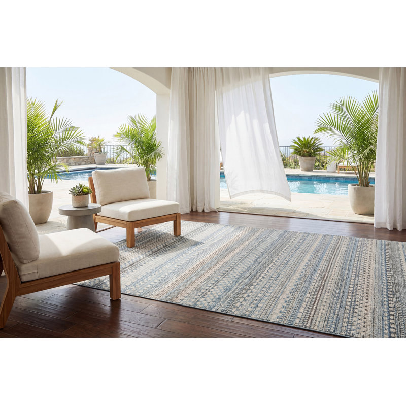 Tapis intérieur / extérieur beige / bleu Pennock, Rectangle 3 pi 11 po x 5 pi 7 po