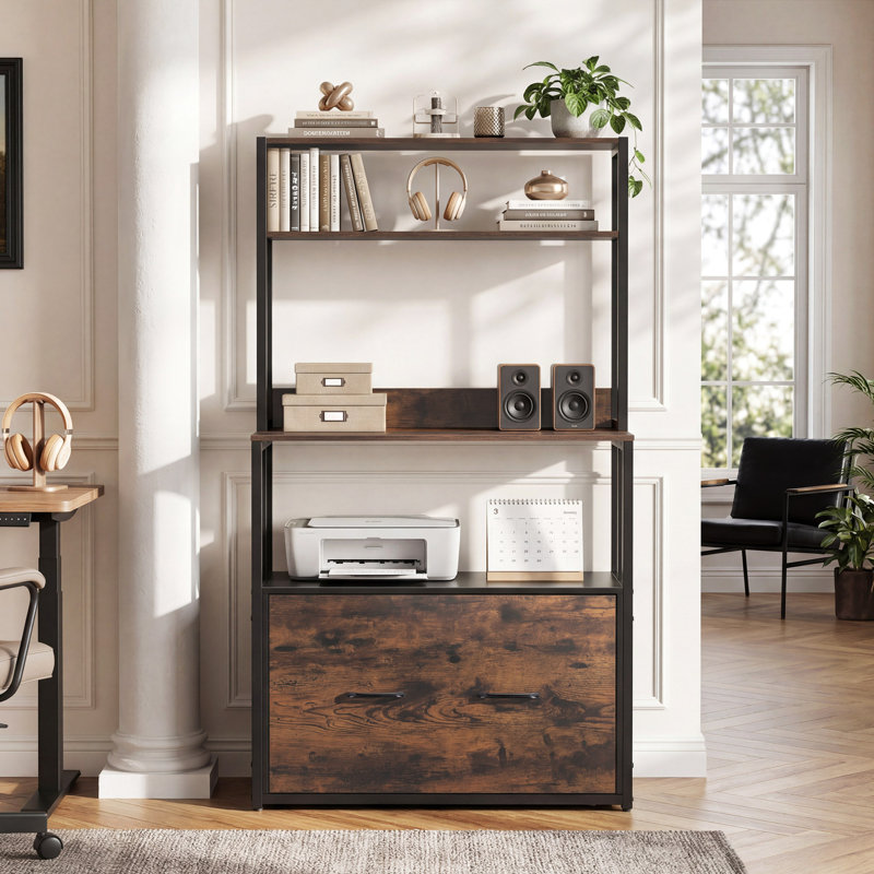 Vertical Filing Cabinet with Bookshelf for A4 & Letter, Rustic Brown/Black