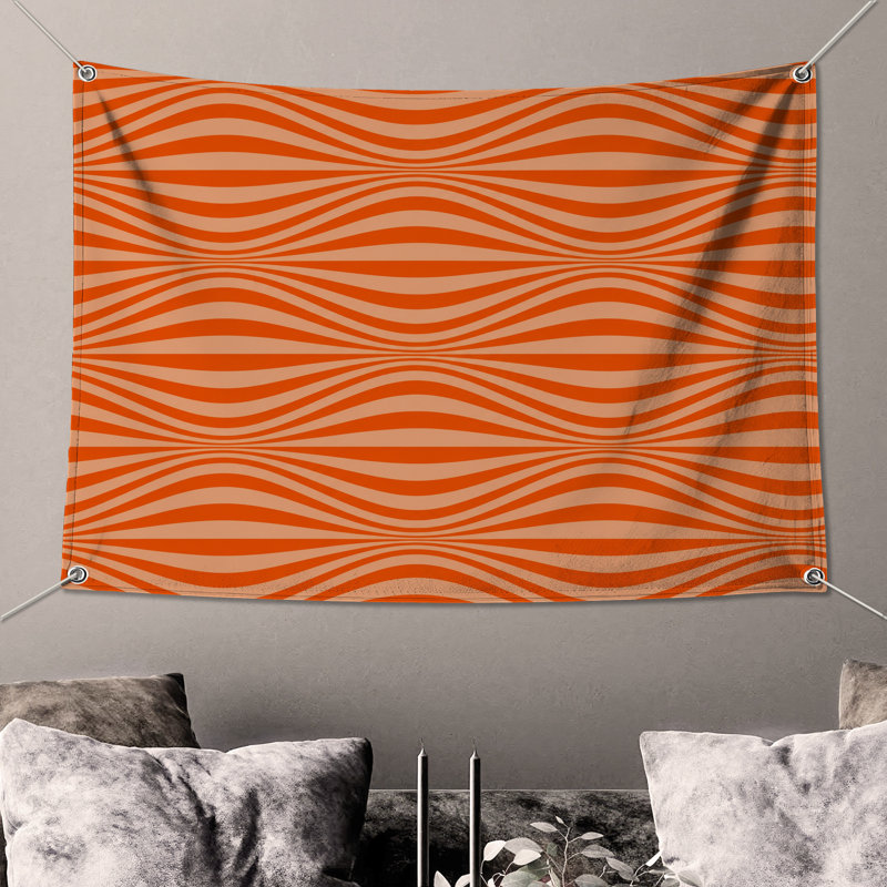 Tapisserie murale «Orange Wavy Lines» - Décoration murale vagues, H 68 po x l 80 po avec 4 œillets