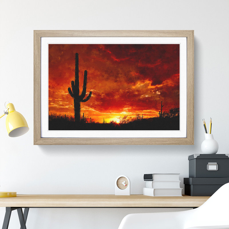 Sunset in Saguaro - Picture Frame Painting, 48cm H x 65cm W x 2cm D, Oak Framed