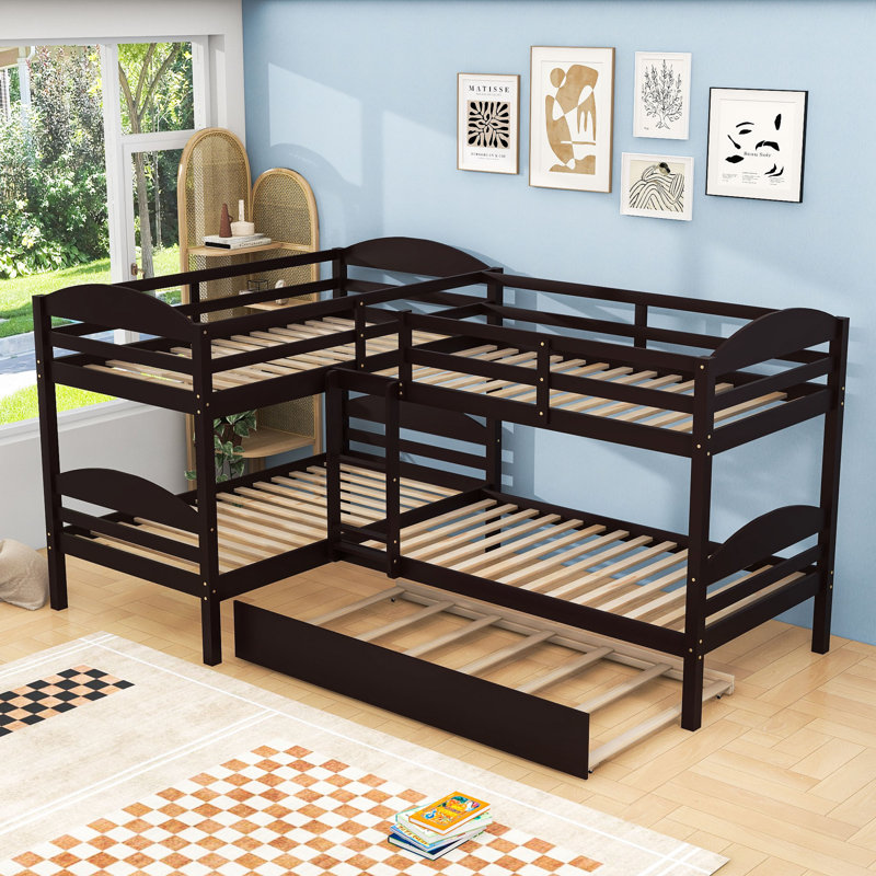 Twin Over Twin L-Shaped Bunk Bed With Twin Trundle, Espresso