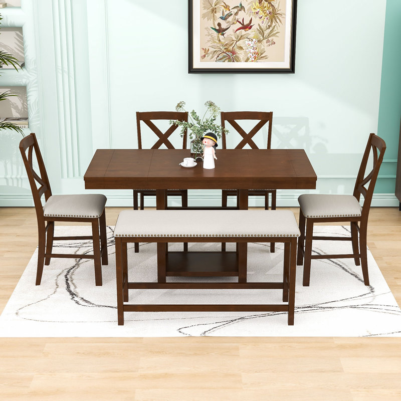 Ensemble de table extensible 6 pièces avec 4 chaises et un banc, Brun, Brun, Brun
