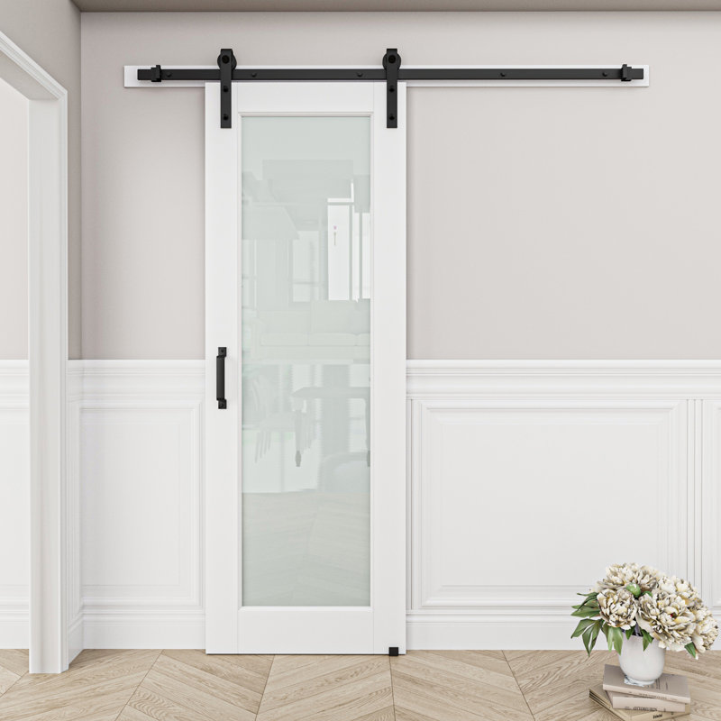Frosted Glass and Manufactured Wood White Sliding Barn Door with Installation Hardware Kit(No Assembly Required), 32" x 80"