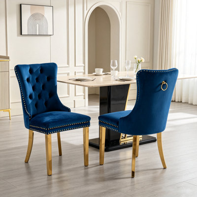 Set of 2 Modern Tufted Velvet Dining Chairs, Upholstered Side Chairs with Gold‑Plated Stainless Steel Legs, Nailhead Trim & Pull Ring, Blue