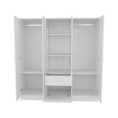 Armoire 6 portes Kibo, un tiroir, une tringle, sept tablettes intérieures, chambre blanche
