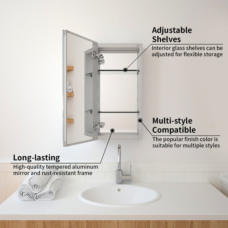 Taimei 24'' H Satin Aluminum Medicine Cabinet with Frameless Mirror