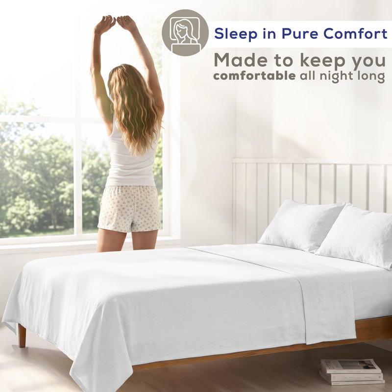 Ensemble de draps en percale 100% coton lavé - comprend 1 drap plat, 1 drap-housse et 2 taies d'oreiller, White