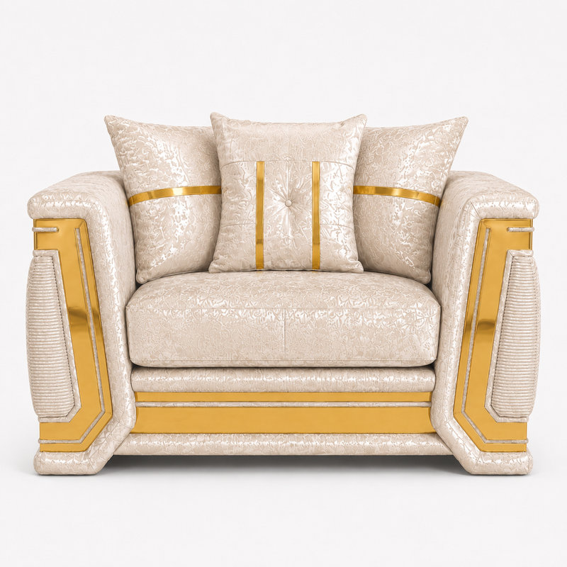 Fauteuil d'appoint rembourré beige Nedra avec garniture dorée, siège rembourré moelleux et coussins décoratifs, Beige