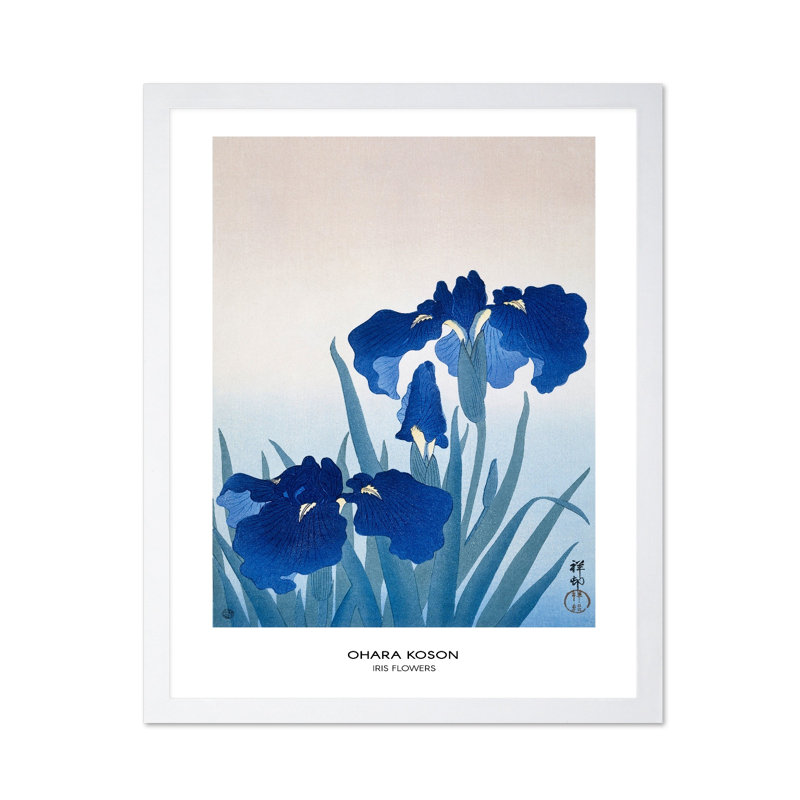 Ohara Koson - fleur d'iris, H 16 po x l 20 po, Affiche, Encadrement blanc