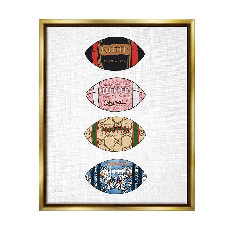 «Trendy Glam Footballs», peinture sur toile, H 21 po x l 17 po x P 1,7 po, Cadre flottant métallique doré