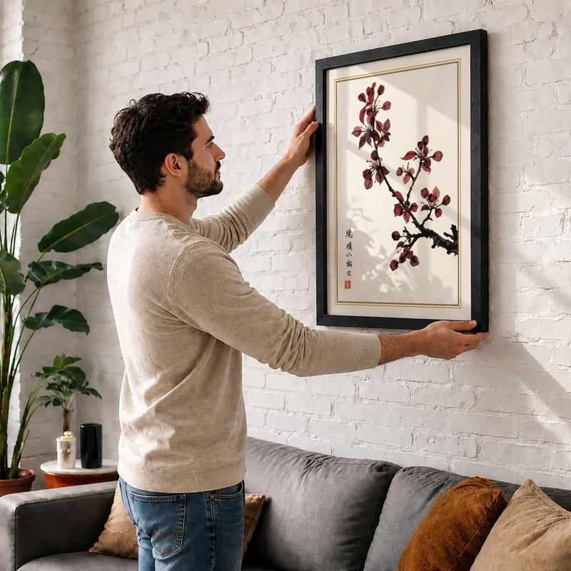 Burgundy Bloom Branch Japandi - Framed Print, A3 - 42.0 x 29.7 cm, White