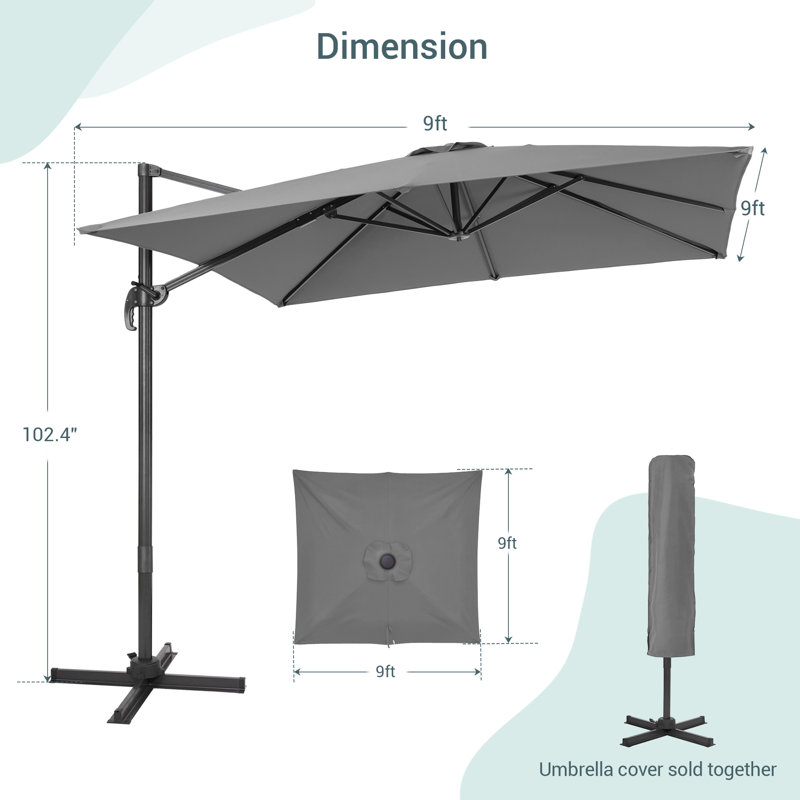 Parasol carré en porte-à-faux 9 pi x 9 pi Daarina, Gris