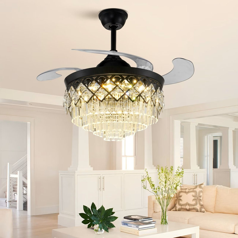 Ventilateur de plafond invisible moderne en cristal noir de 42 pouces, lumière DEL avec source de lumière, à intensité variable, convient aux balcons, salons, chambres à coucher