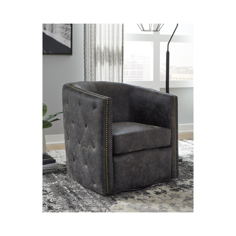 Distressed Black Faux Leather Barrel Swivel Chair