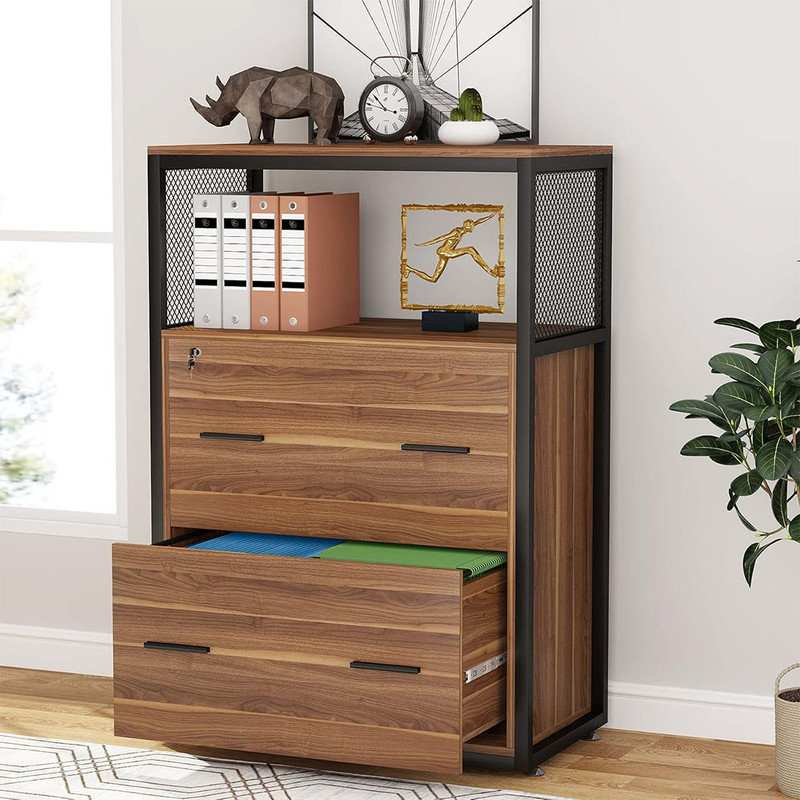 Lateral Locking File Cabinet, Letter/Legal, Large Rustic Filing Cabinet Printer Stand with Metal Wire Open Storage Shelves and 2 Drawer for Home Office (Walnut)
