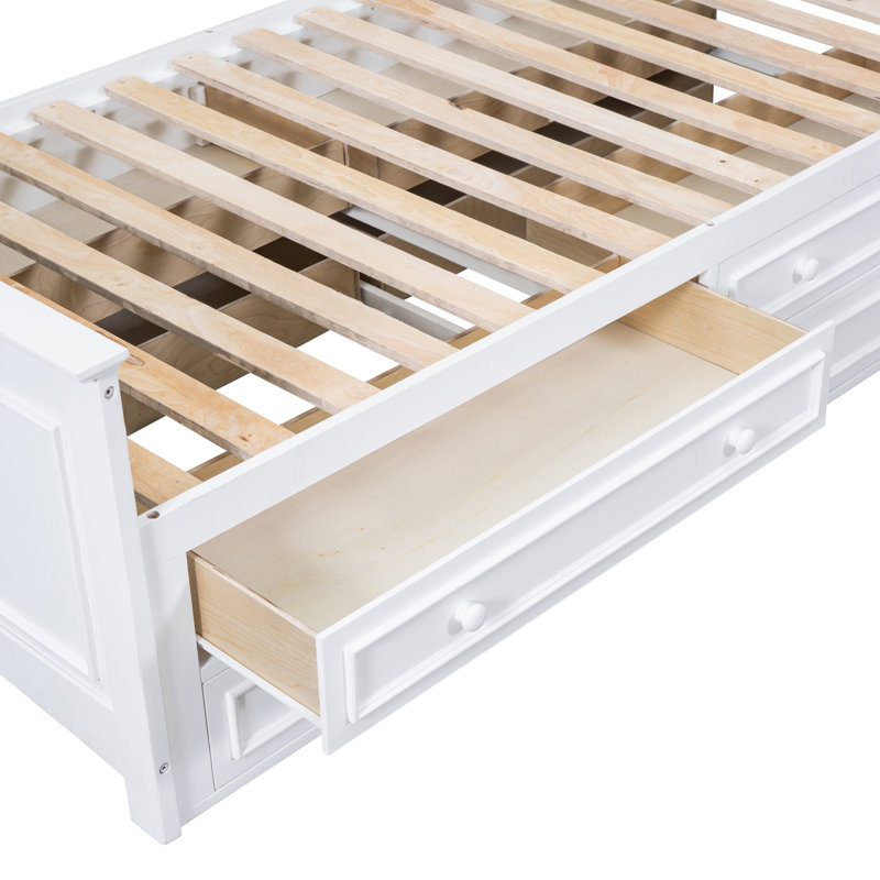 Lit plateforme simple en bois avec armoire verticale tout-en-un et 4 tiroirs de chaque côté (blanc)