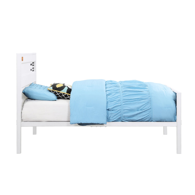 Cadre de lit blanc sur le thème du contenant, format double, sommier tapissier non requis pour une configuration de chambre à coucher peu encombrante