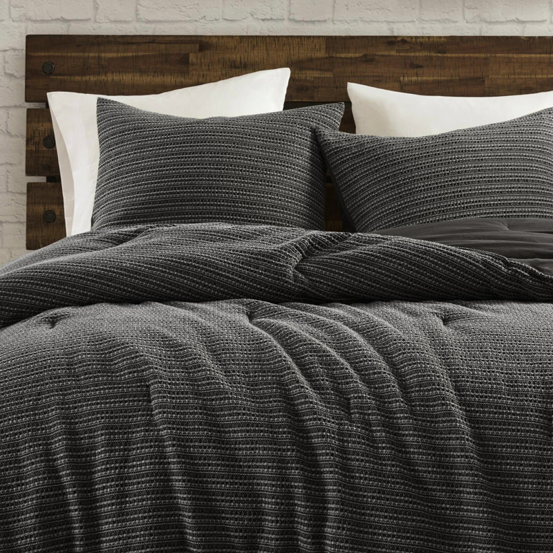 Couette gaufrée lavée pour lit double/queen - 3 pièces, texture spéciale, côtés 100 % coton, style vintage, tissu et garnissage adaptés à toutes les saisons, entretien facile et sécuritaire, couleur anthracite, 3 pièces, tissage différent, couverture surdimensionnée.