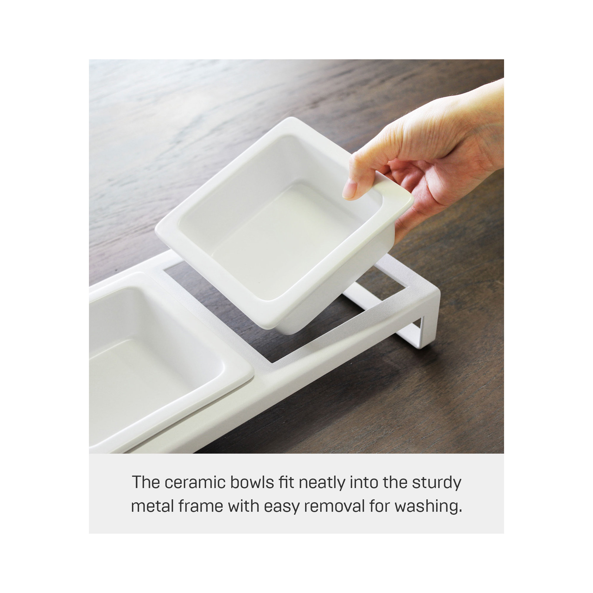Yamazaki Home Steel And Ceramic Pet Food Stand, 2 Bowls For Food And Water, Short, 1.25 cups, White