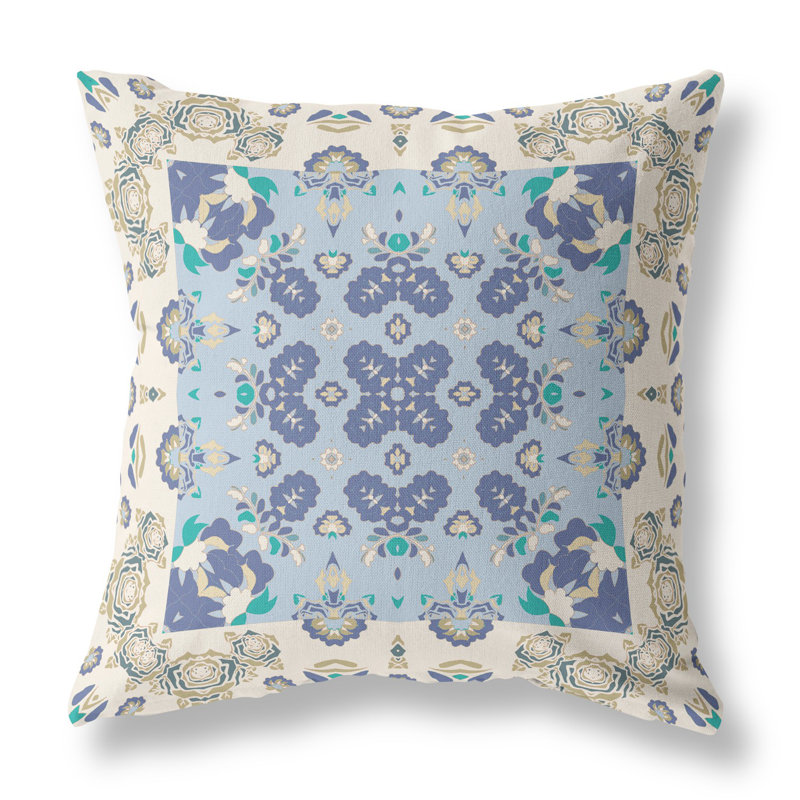 Coussin décoratif 26 po x 26 po Broadcloth, Blanc cassé / floral bleu
