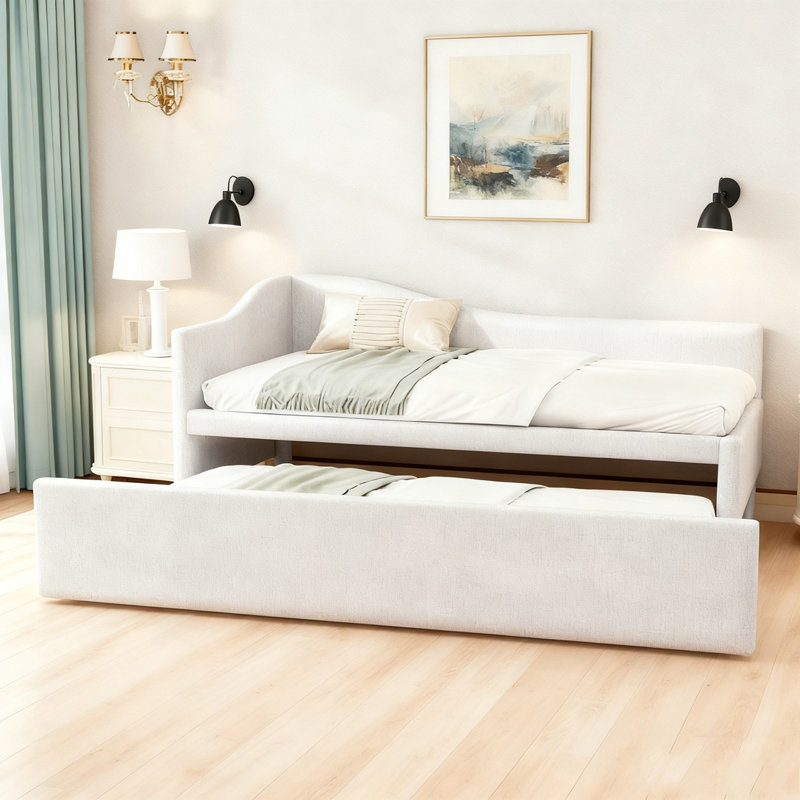 Upholstered L-Shaped Upholstered Daybed with Pop Up Trundle, Beige