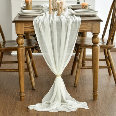 Milk White 6PCS Boho Gauze Cheesecloth Table Runner 300 cm | Seasonal Bridal Fabric Kitchen Dining Holiday Wedding Table Decor for Home Party