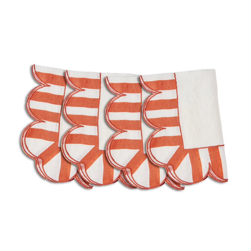 Jardin Embroidered Linen Scalloped Stripe Napkins, Red/White