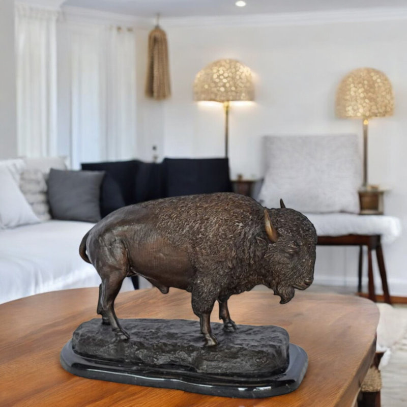 Statue de bison debout en bronze, sculpture Buffalo American avec base en marbre, L 11 po x l 6 po x H 8 po