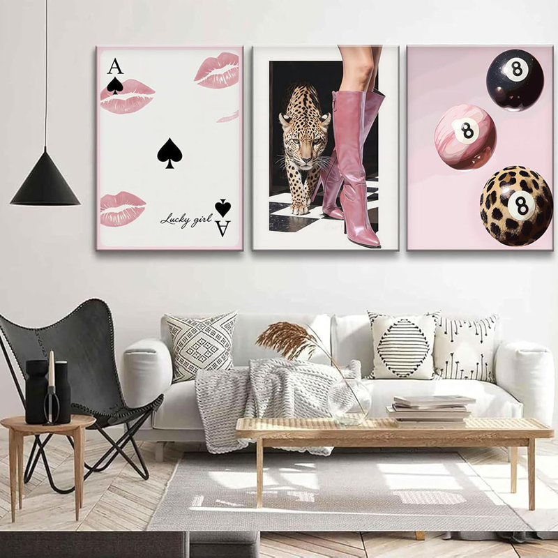 3Pcs Framed Leopard Cheetah Wall Art With Lucky Lips Pink 8 Ball Designs Canvas Posters Prints Pictures Paintings Funky Preppy Wall Decor Decoration For Room Apartment Dorm