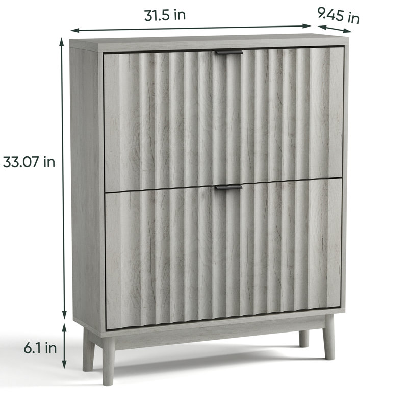 Armoire à chaussures grise avec 2 tiroirs rabattables pour le couloir, design moderne, beaucoup de rangement, portes ondulées de qualité en panneau de particules cannelé, compartiments spacieux, chaussures différentes, décor décontracté approprié, fait