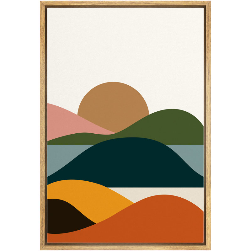 " Rising Brown Sun Over Multicolor Valley ", 36" H x 24" W x 1.5" D, Brown Framed