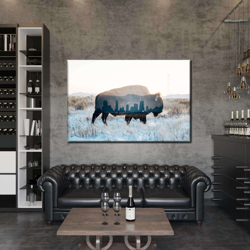 Bison et horizon sur toile, H 26 po x l 39 po x P 1,25 po