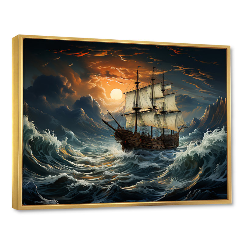 «Pirate Ship Legacy II», art mural pirate, Cadre flottant doré, H 30 po x l 40 po x P 1,5 po