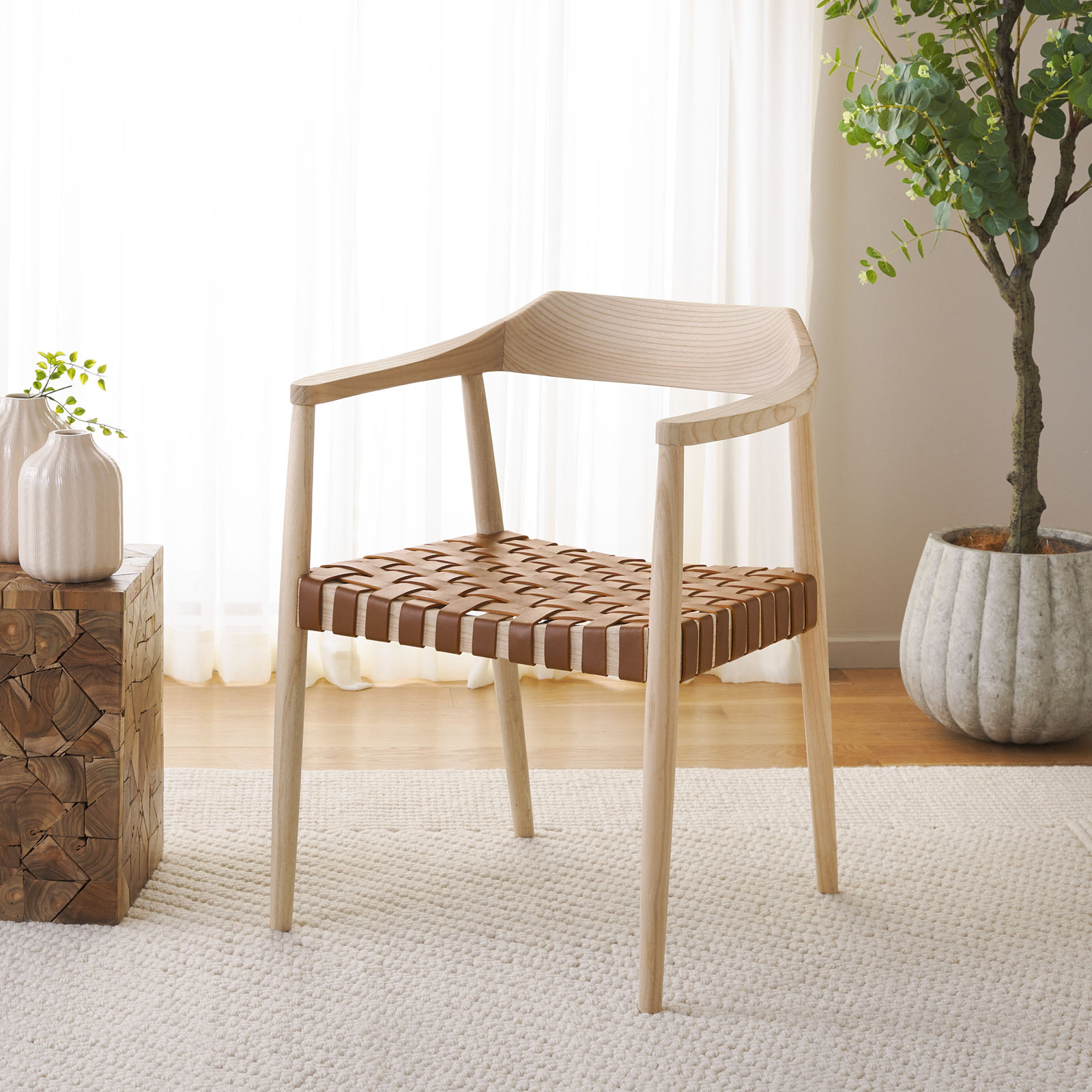 Noreen Accent Chair, Brown Genuine Leather, Natural