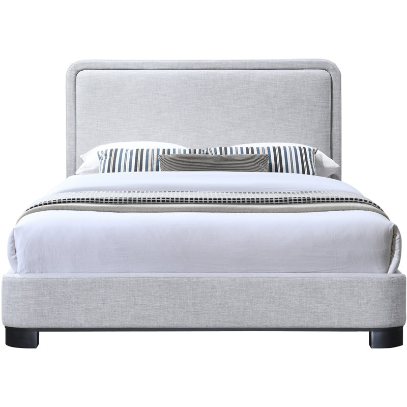 Lit plateforme tapissier en bois massif Nolita Tilman, Grand, Tissu texture lin gris / teint noir