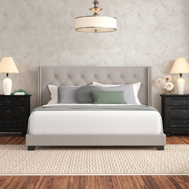 Evis Upholstered Wingback Bed, Queen, Beige