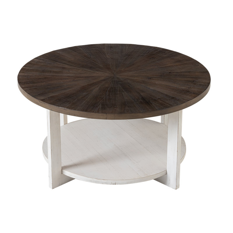 Rustic Farmhouse Round Wood Coffee Table With Storage, Brown Top/White Base