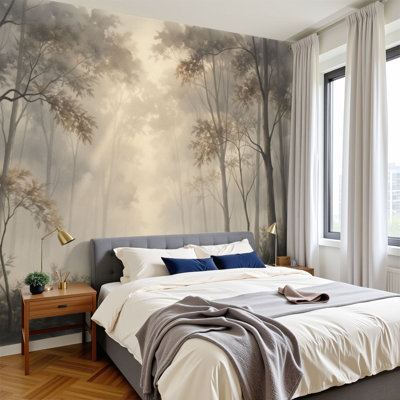 Peel and Stick Wallpaper Misty Forest Stream Tall Trees Soft Sepia Watercolor Wall Murals 100"H x 144"W Removable PVC Wall Paper Self-Adhesive Wall Decor for Bedroom Living Room Home Office