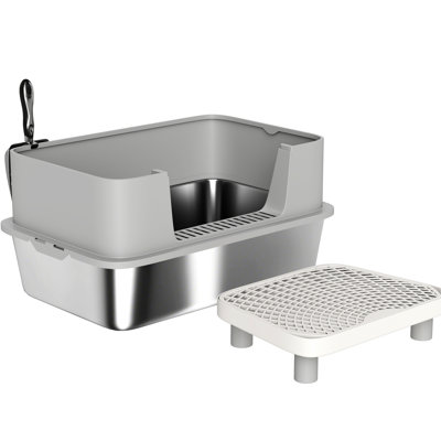 Stainless Steel Cat Litter Box, High Sides To Keep Clean, And Sand Drop Area, Gray, 23.7" L X 15.8" W 11.6" H, For Large Cats High Big Place