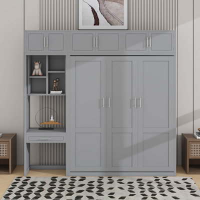 Lit escamotable mural avec bureau, armoire supérieure et tablettes de rangement